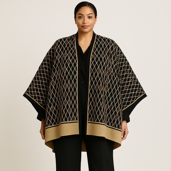 Ming Wang Sweaters - MING WANG Black Gold Diamond Pattern Open Front Kimono Cardigan Cape‎ One Size